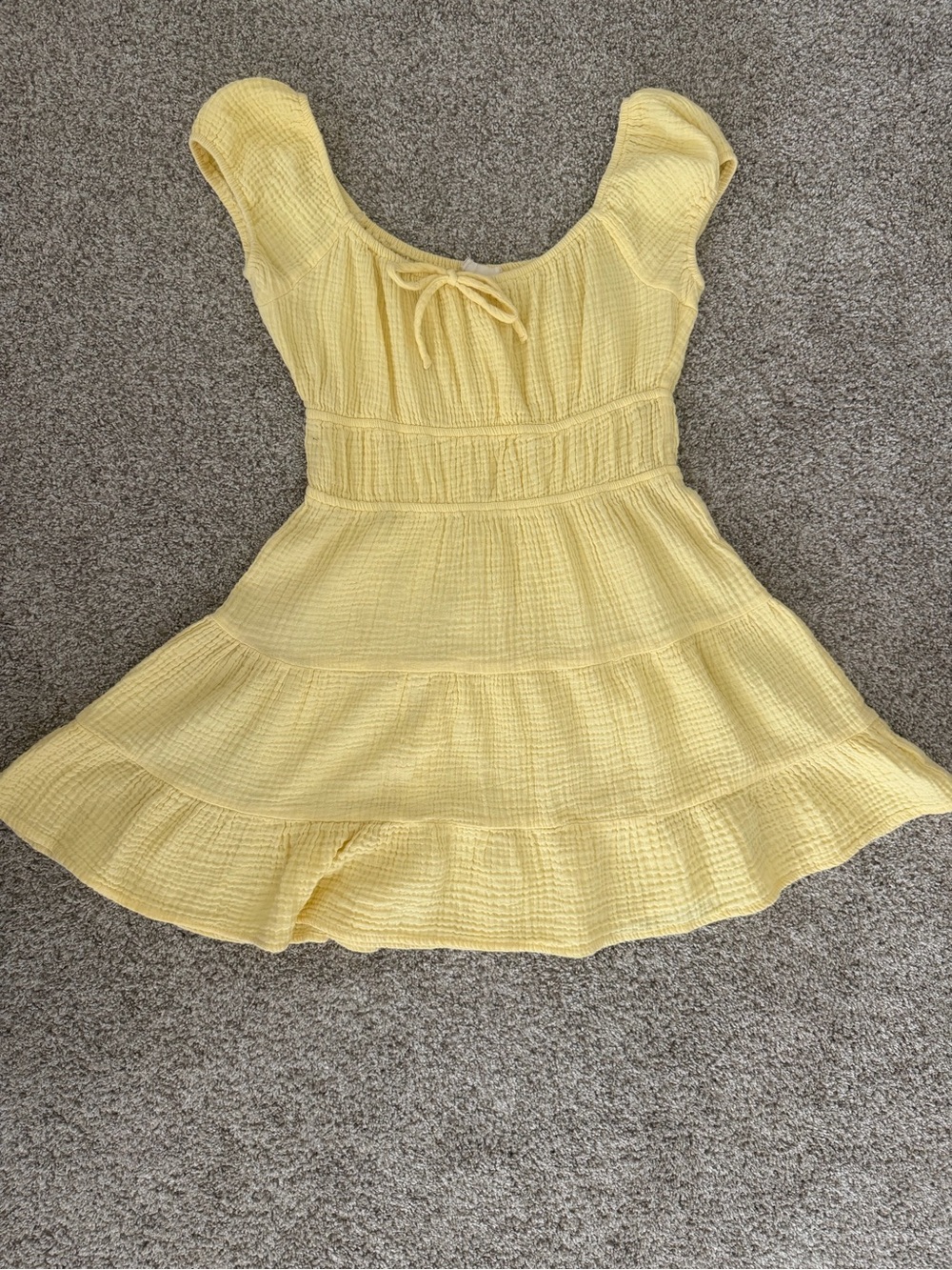 Altar'd State Pale Yellow Tiered Textured Mini Dress with Bow
